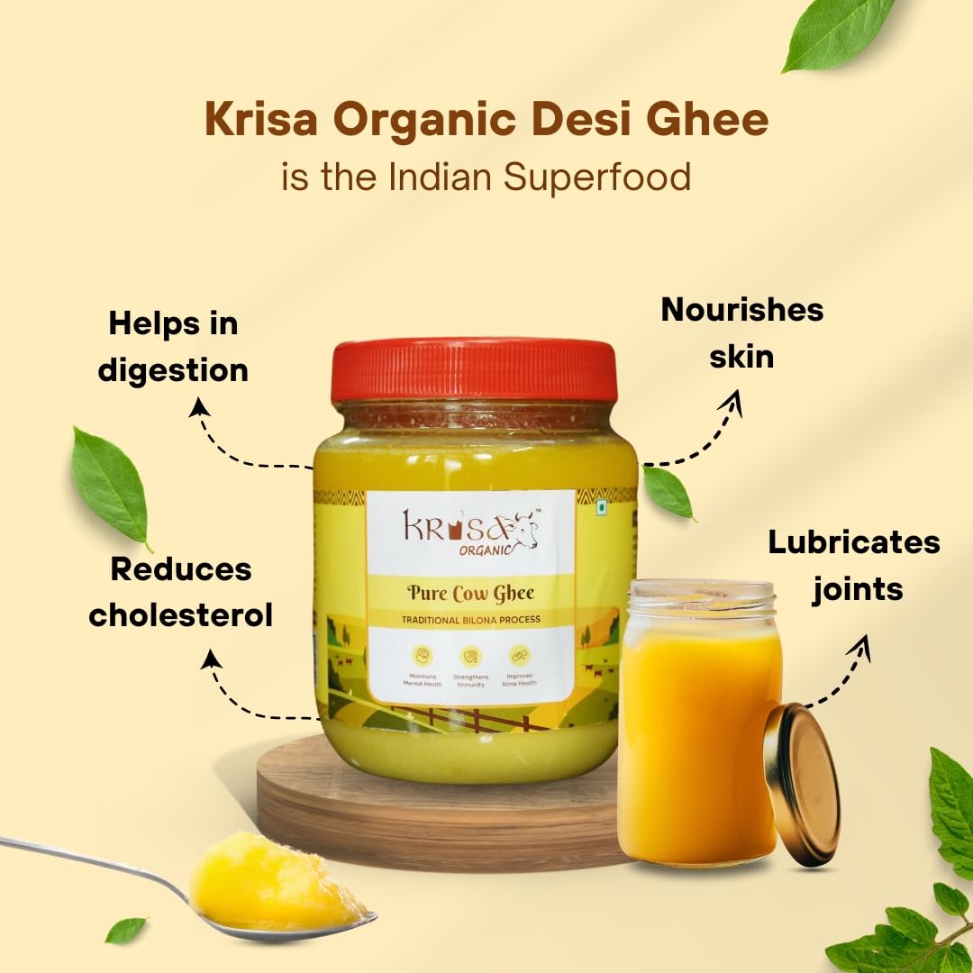 100% Natural Cow Ghee By Krisa Organic | Rich In Nutrients & Vitamins A, D Healthy Pure Desi Ghee Good For Bakes Cookies | (1 Litre) 33.8 Ounce | Jar Pack