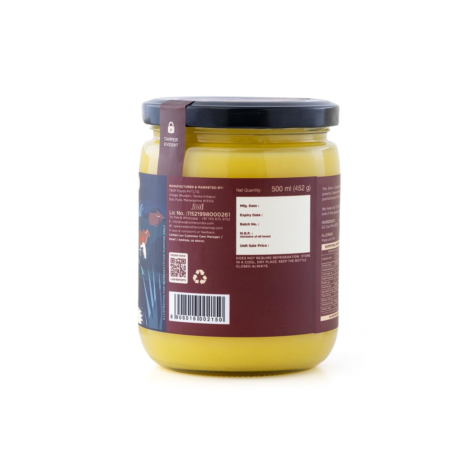Natural Full Moon A2 Gir Cow Cultured Desi Ghee By Two Brothers Organic Farms | Naturally & Healthy Protein Fiber Desi Ghee Improves Eyesight | (500ml) 16.9 Ounce | Jar Pack