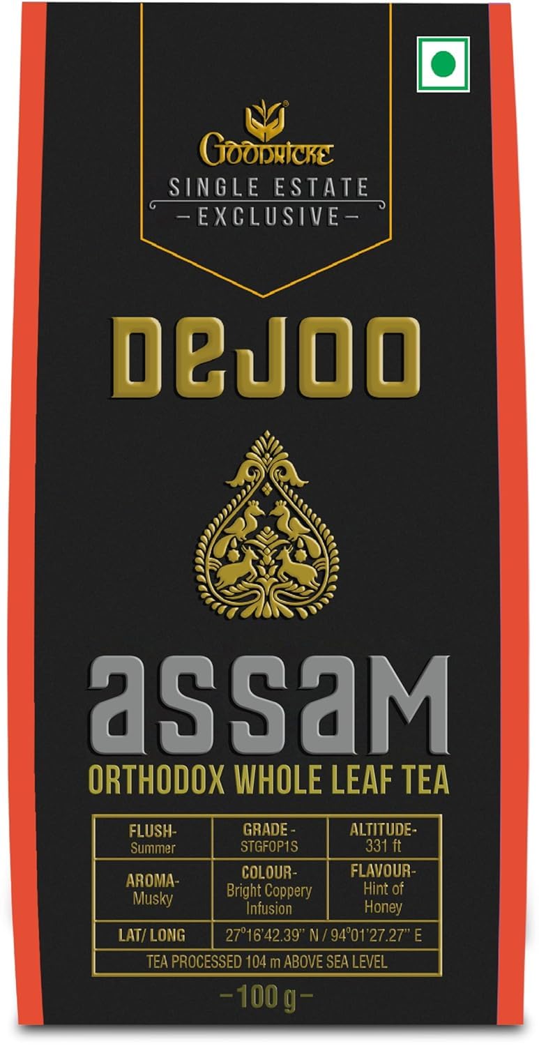 Goodricke Dejoo Single Estate Assam Orthodox Whole Leaf Tea - Pack Of 5 X 100gm, 3.5 Ounce Each | Richer Taste & Flavor - Low Caffeine Chai Patti
