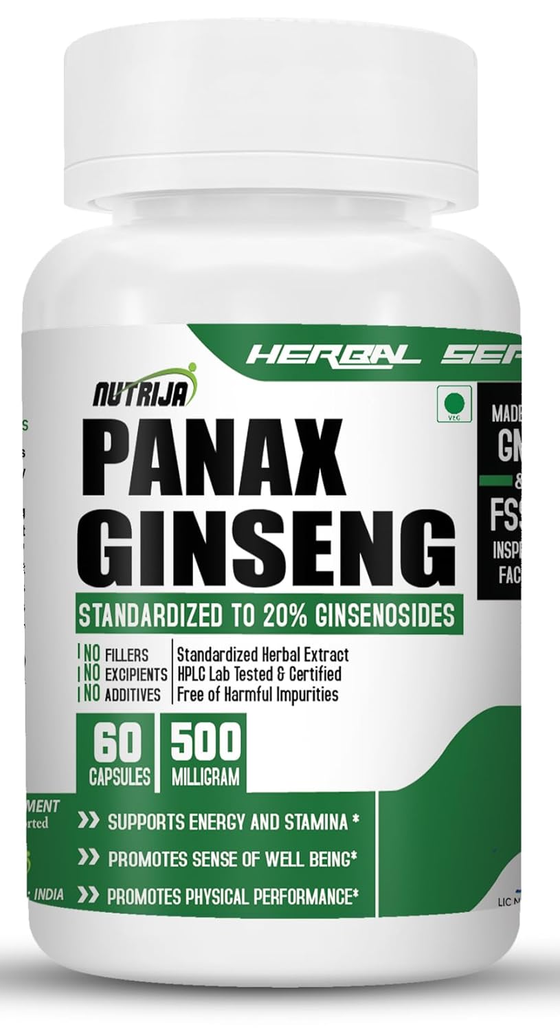 Nutrija Panax Ginseng Extract 500mg, Promotes Physical Performance & Immune System Health | 60 Capsules 100gm 0.2lbs
