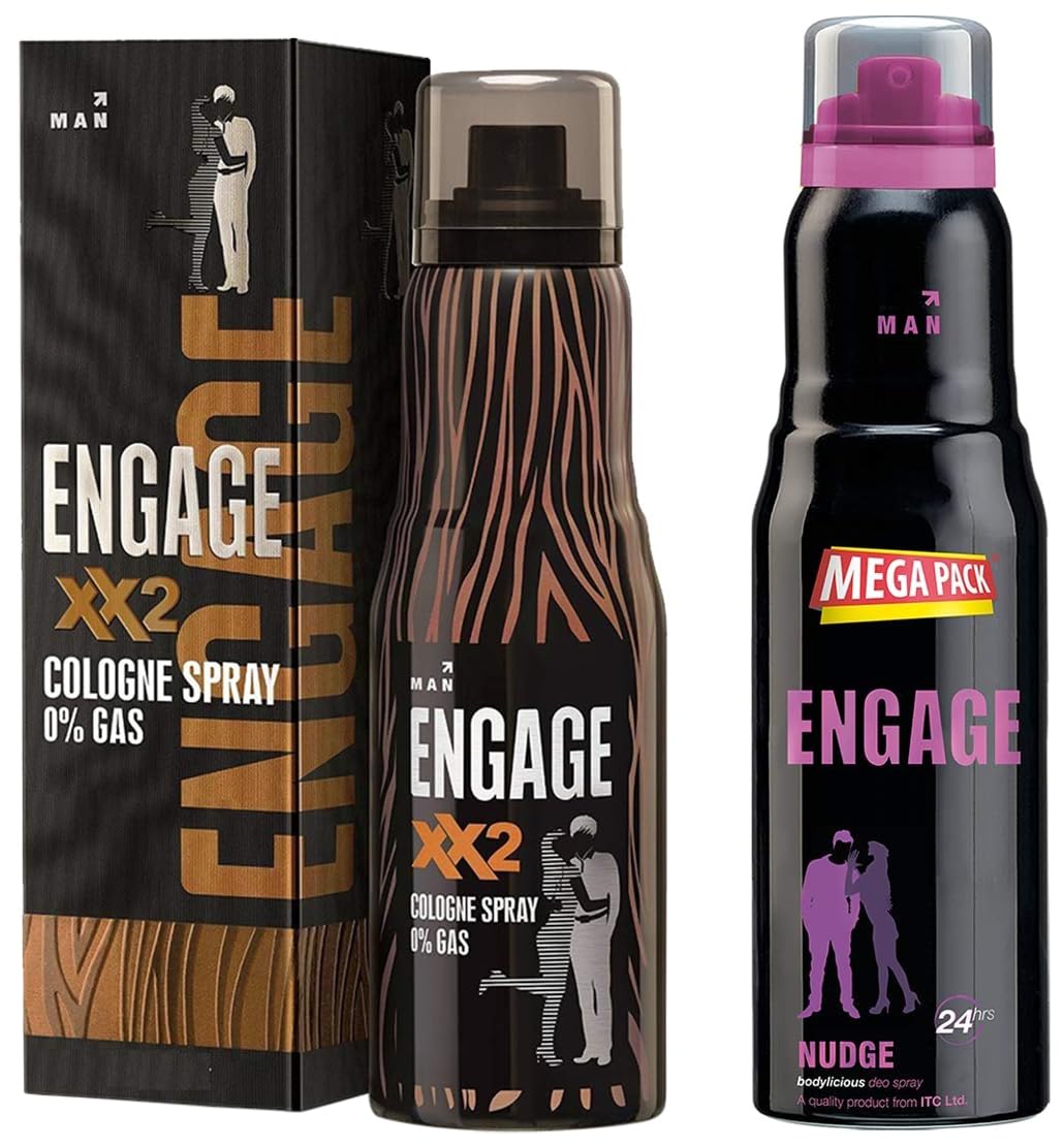 Engage Nudge Deodorant Spicy & Woody Skin Friendly 220ml 7.4 Fl.oz. & XX2 Cologne No Gas Perfume For Men, Spicy & Citrus Skin Friendly 135ml 4.5 fl.oz.