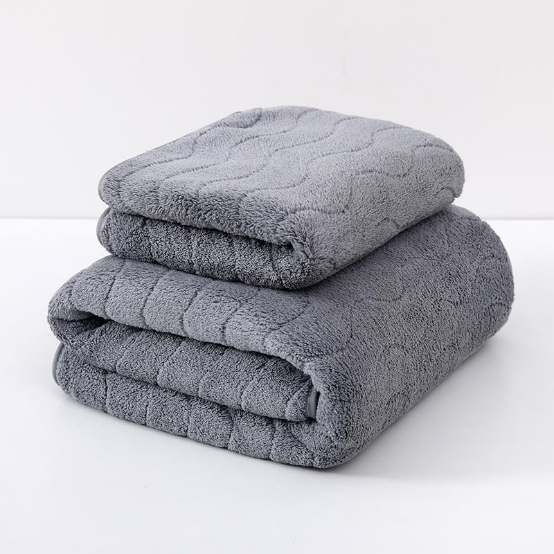 HomeCloud Microfiber Soft & Fuffy Bath & Face Towel 400 Gsm With Hanging Loop | 3x Softer Than Cotton Towels | Highly Absorbent Set Of 2 (Waves Grey)