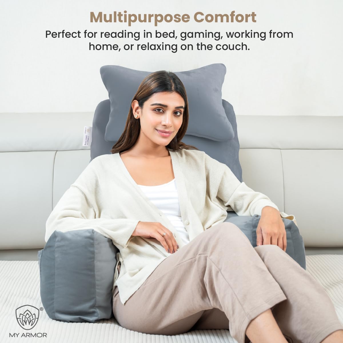 Backrest Pillow For Bed With Detachable Neck Rest & Support Arms - Grey | Soft Reading Pillow, Back Support Wedge Pillow For Working, Seating & Relaxing In Bed, Adjustable Pillow