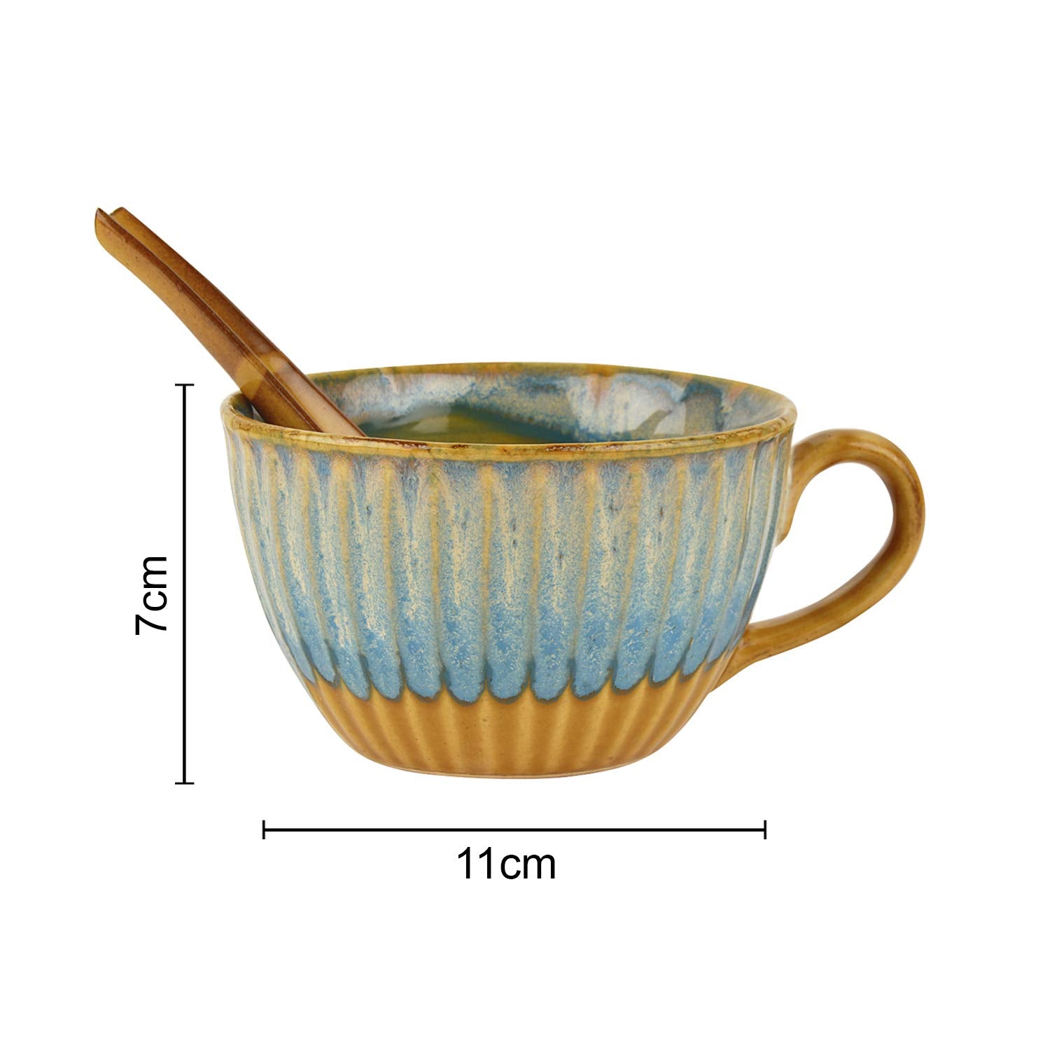 Studio Pottery Hand Glazed Dual Tone Ceramic Soup Cup With Spoon Set Of 4 - 300ml Each, Teal & Sand Yellow | Cereal Cups - Maggi Serving Bowls