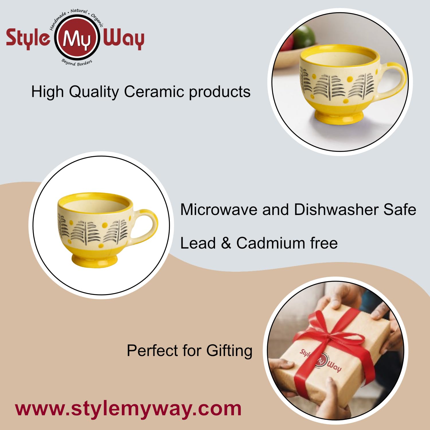 Hand Painted Ceramic Cup - Yellow & Black, 150ml | Microwave Safe Tea Cups & Mugs - Chai Cups