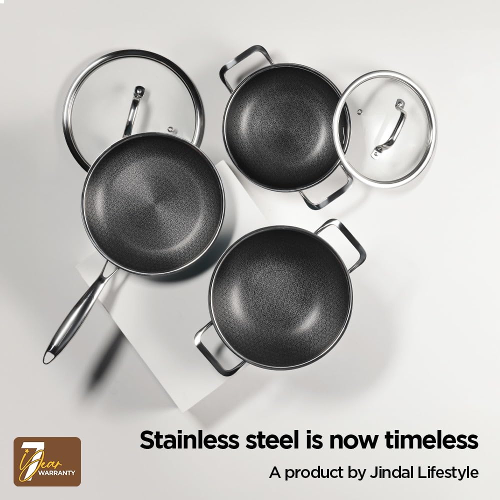 Stellar Stainless Steel Triply Frypan With Lid - 22 Cm, 1.5 Liters | Etched Nonstick PTFE - Rivet Less Handle | Induction & Gas Base