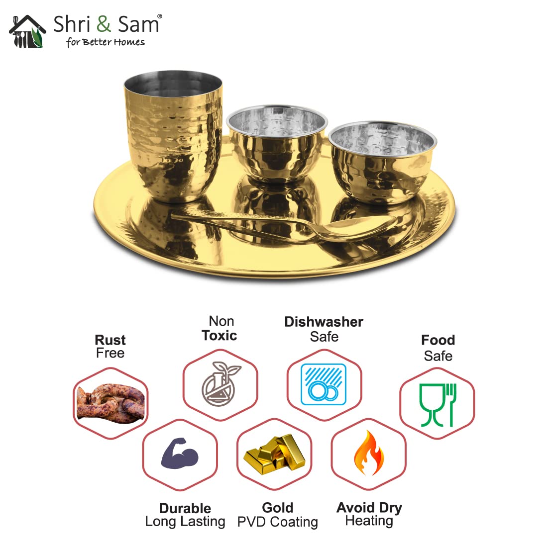 High Grade Stainless Steel Diamond Hammered Gold Thali Set With PVD Coating, 5 Pieces | 1 Thali+ 1 Glass+ 2 Katoris+ 1 Spoon - Dishwasher Friendly