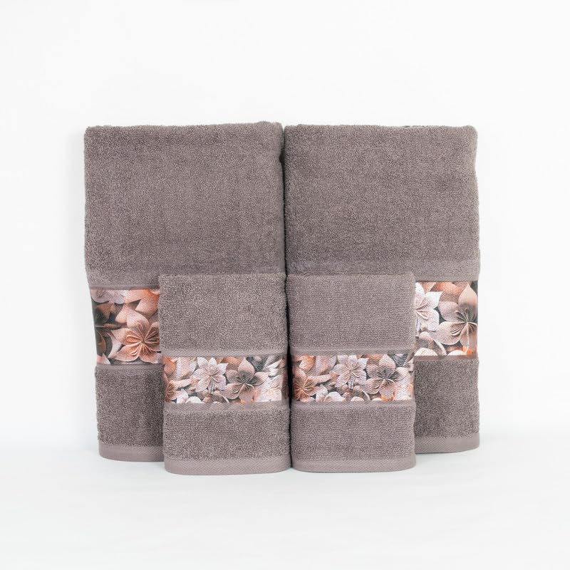 Rangoli 100% Cotton Fibre 2 Hand & 2 Bath Towels 1400 Gsm | Highly Durable & Absorbent With Printed Border | Quick Drying Towels (Brown) - Pack Of 4