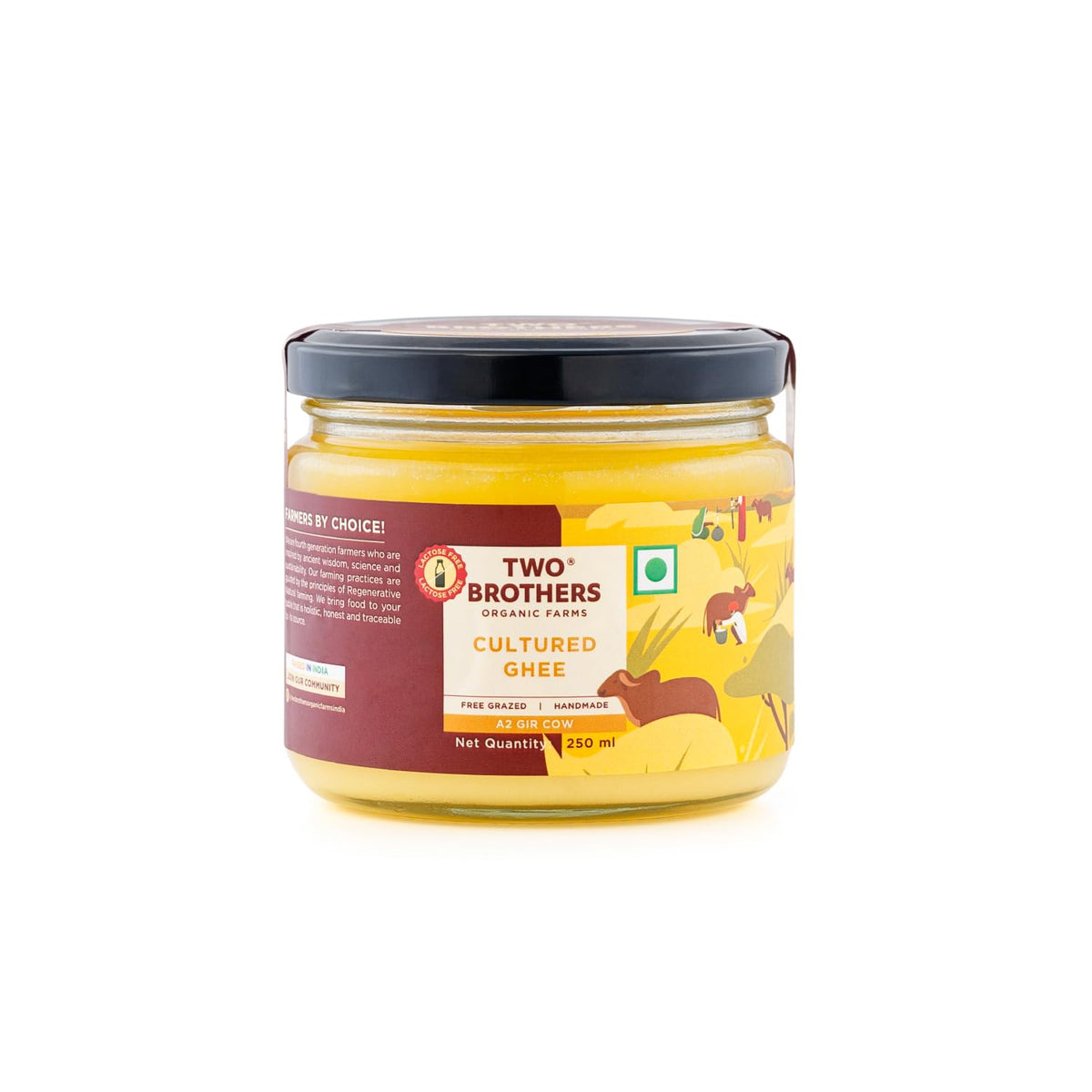 Organic Natural A2 Gir Cow Cultured Desi Ghee By Two Brothers Organic Farms | Naturally & Healthy Protein Fiber Desi Ghee Perfect For Dishes | (250ml) 8.4 Ounce | Jar Pack
