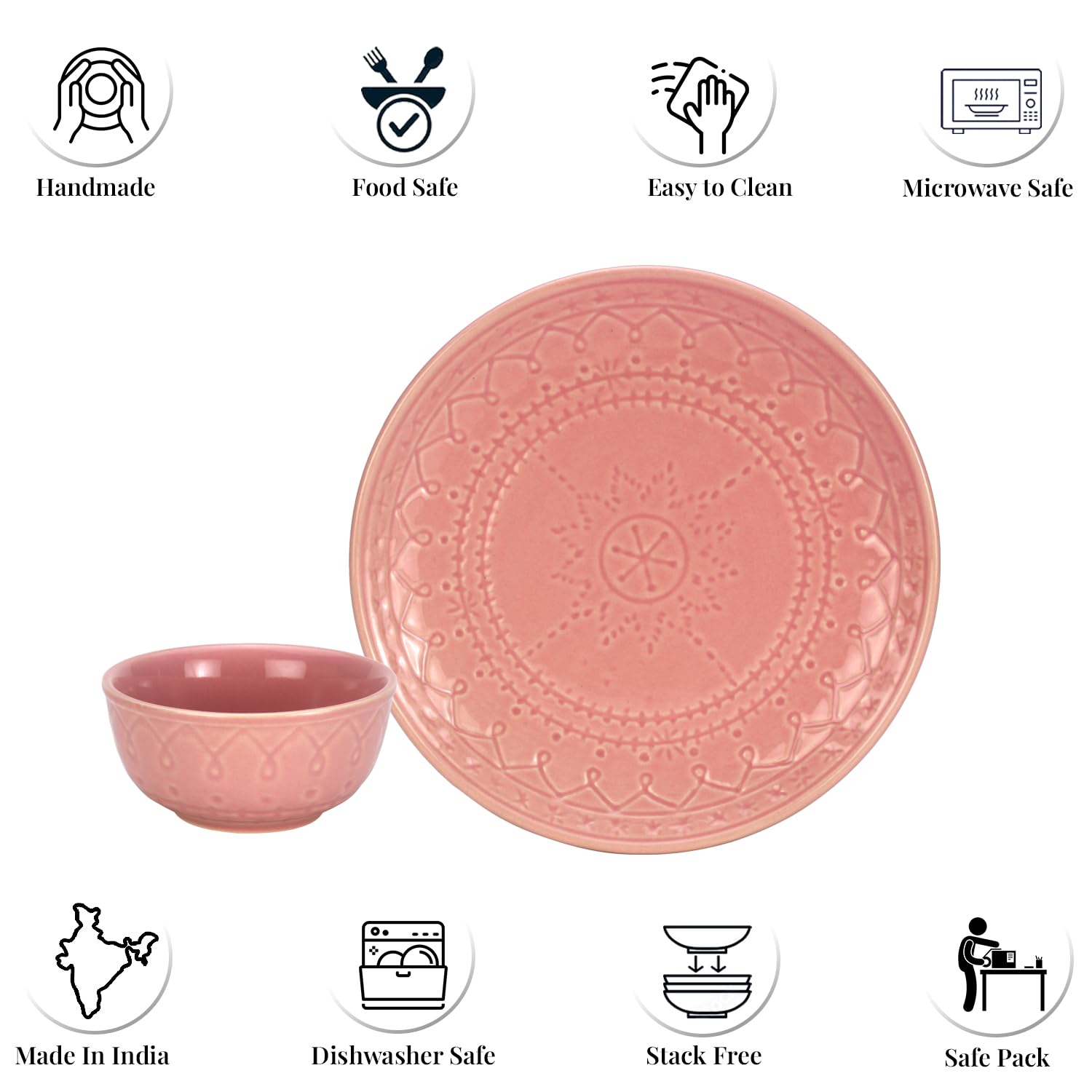 Handcrafted Stoneware Embossed Dinner Set Of 4 - Ceramic Pack Of 8 Pcs, Light Pink | 4 Dinner Plates + 4 Bowl Or Katoris, 180ml Each - Microwave & Dishwasher Safe | Serving For 4