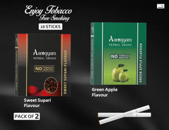 Aarogyam Herbals Pack Of 2 Flavours 100% Tobacco & Nicotine Free Cigarette For Relieve Stress & Mood Enhance Product Green Apple, Sweet Supari - 10 Sticks X 2 Packets