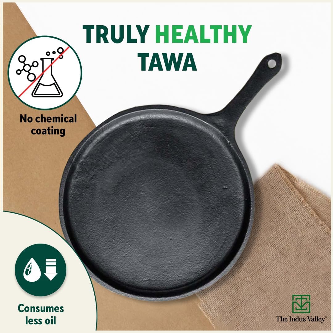 Pre-Seasoned Black Cast Iron Tawa With Free Wooden Spatula For Dosa, Chapathi - 25.7cm, 10.3 Inch, 2 Kg | Induction Friendly, Naturally Nonstick, 100% Pure & Toxin-Free, No Chemical Coating