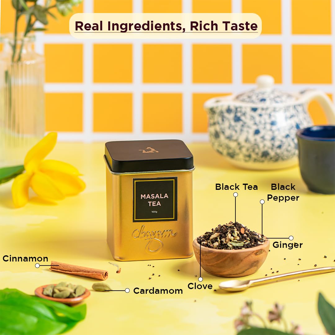 Chayam Masala Tea - 100gm Tin, 3.5 Ounce | Indian Masala Chai With Real Masala - No Added Flavour | Spiced Masala Infused With Premium Black CTC Tea - High Caffeine