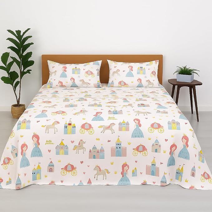 Little Princess Design Single Bedsheet With 2 Pillow Covers - Fun & Colorful Sheet Set For Girls & Kids Room | Size - 60 X 90 Inches, White