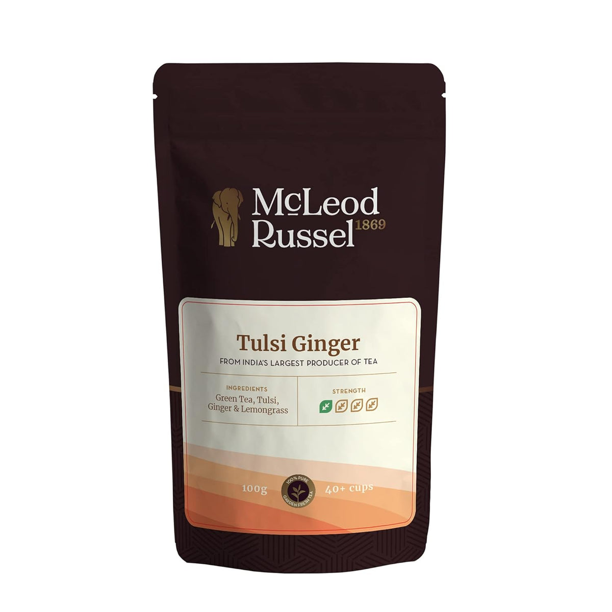 McLeod Russel 1869 Tulsi Ginger Green Tea - 100gm, 3.5 Ounce, 40+ Cups | Immunity-Booster Long Leaf Green Tea - Pure & Natural Tulsi & Ginger | Low Caffeine