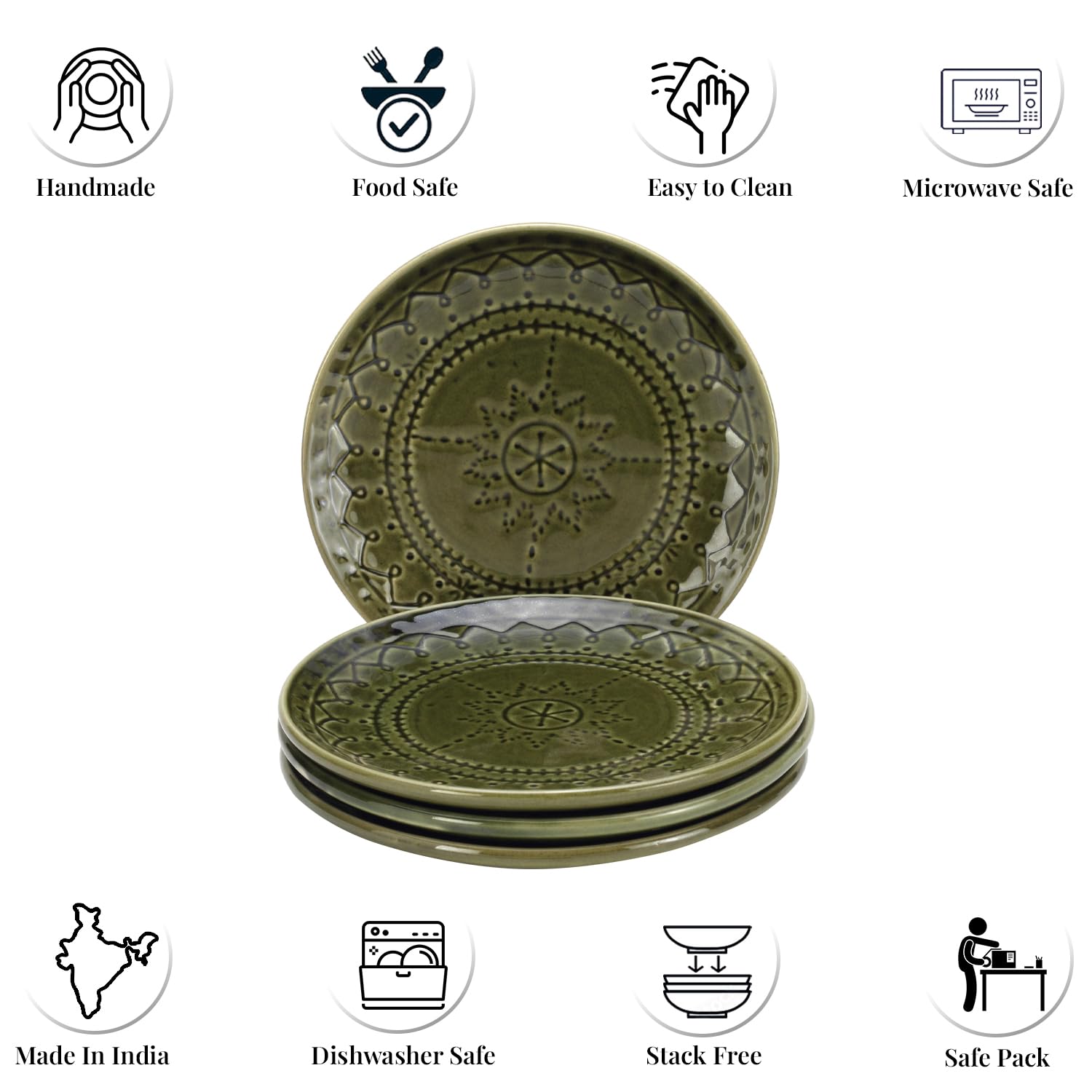 Ceramic Hand Glazed Stoneware Embossed Small Plates Set Of 4 - 7.4 Inch, Moss Green | Microwave Safe & Dishwasher Safe – Handcrafted Quarter Plates Set