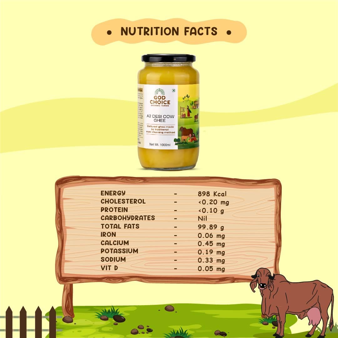 Organic Natural A2 Desi Cow Ghee By God Choice Organic Farms | High In Protein Fiber Healthy Desi Ghee For Enhances Brain Function | (1 Litr) 33.8 Ounce | Jar Pack
