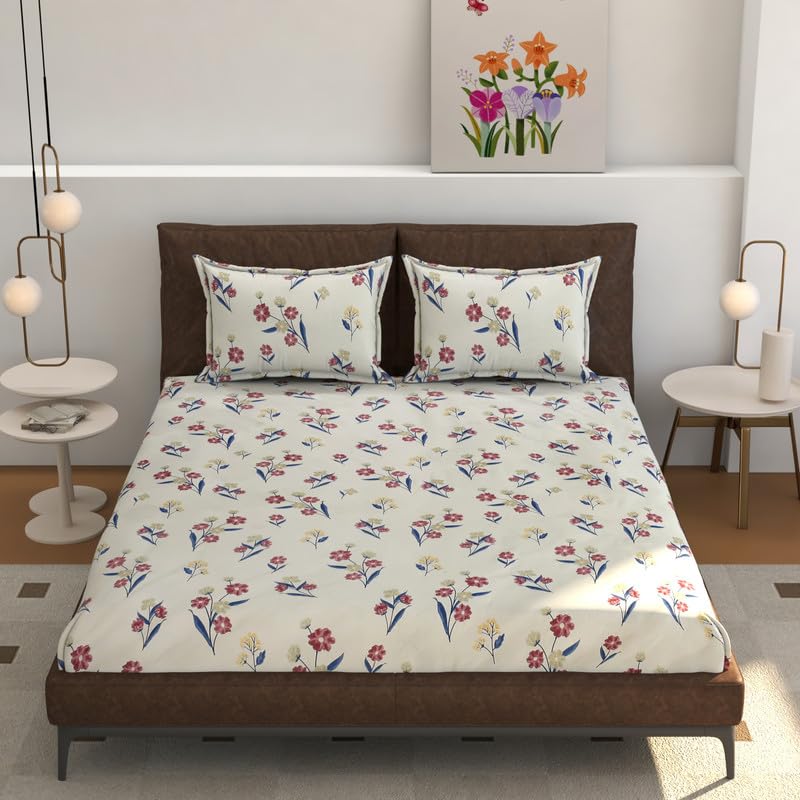 Printed Double Bedsheet With 2 Pillow Covers - 96 X 89 Inches, Blue & Cream | Ideal For Daily Use, Bedroom Decor & Gifting | Resistant All-Season Bedsheet
