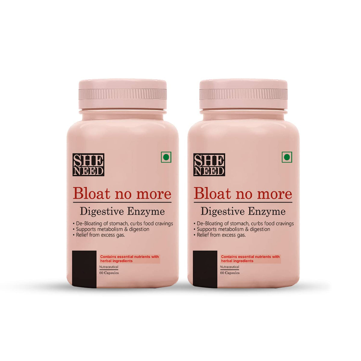 Sheneed Bloat No More, Digestive Supplement With Herbal Essential For Bloating, Improves Digestion, Constipation Relief, Bloating & Acidity | 60 Capsules, 100gm 0.2lbs Each Pack Of 2