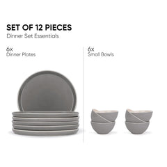 Ceramic Dinner Set Of 12 Pcs, Grey | Crockery Set For Dining Table - Dining Sets Crockery Items | Glossy Finish Premium Stoneware - 6 Dinner Plates + 6 Veg Small Bowls, 180ml Each