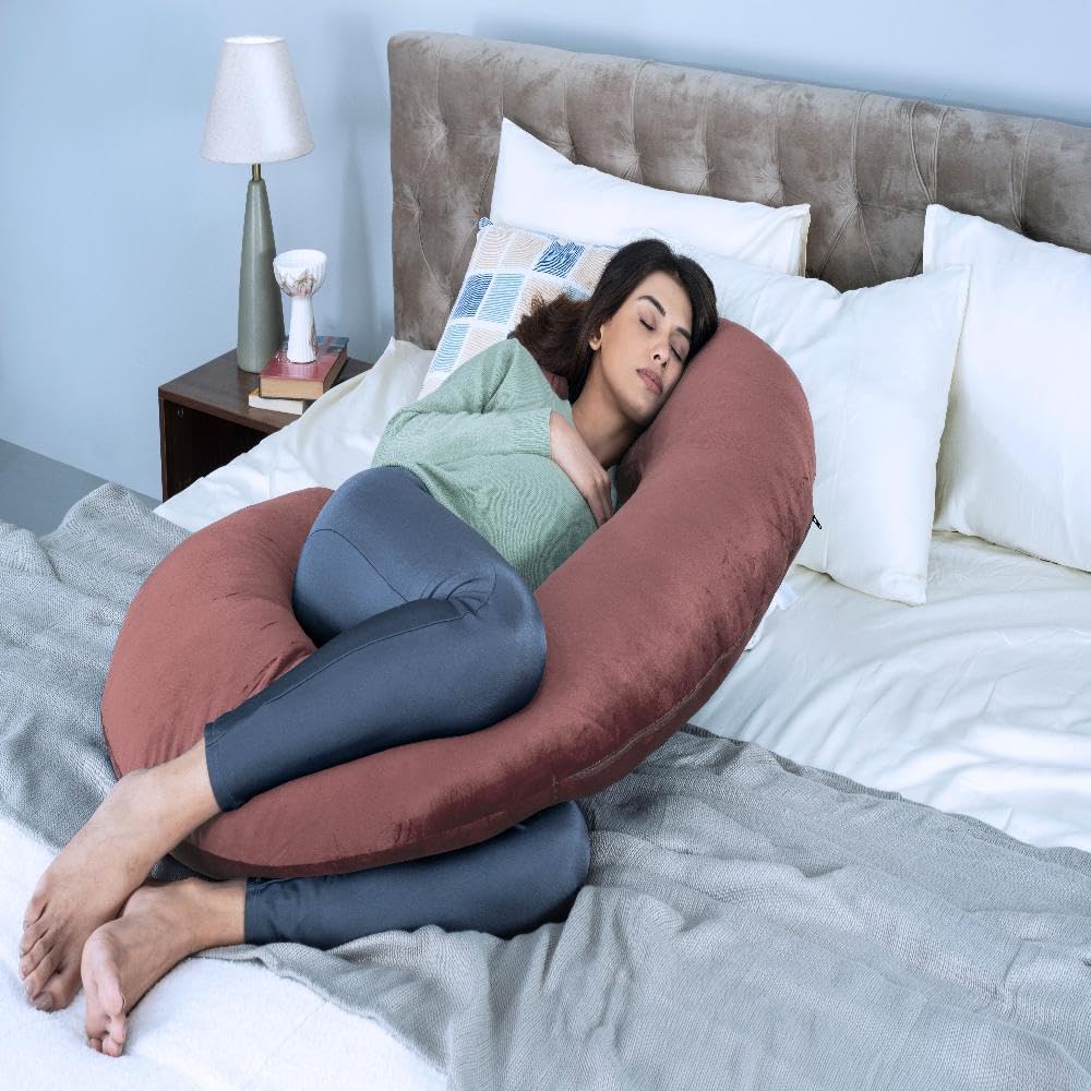 Pregnancy & Nursing Pillow Combo, C Shape Maternity Pillow For Sleeping - Dark Pink | 5 In 1 Multipurpose Use, Nursing Pillow | For Breastfeeding With Cotton Removable Cover, Adjustable Strap