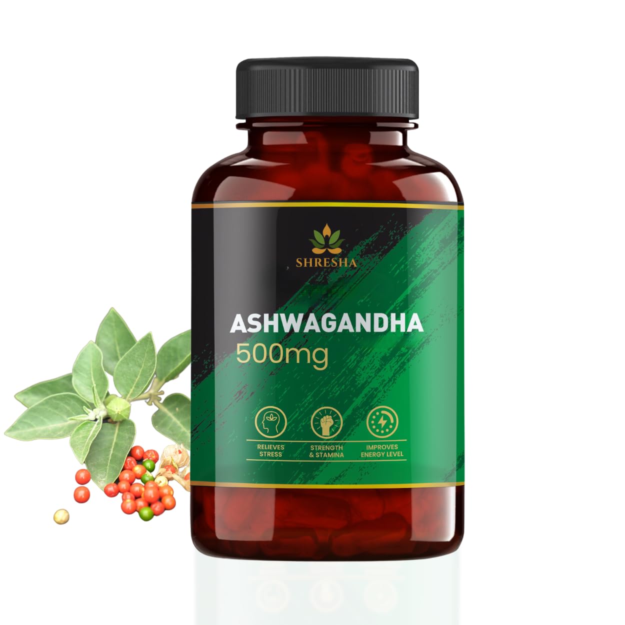 Shresha Ashwagandha Capsule 500mg Ayush, Iso And Gmp, For General Wellness And Stress Relief, Helps To Stimulate Immune System | 60 Capsules 100gm 0.2lbs