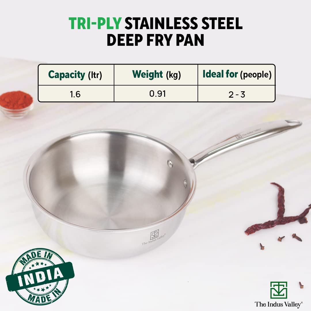 Triply Stainless Steel Deep Fry Pan With Handle For 1-2 People - Small, 22.1cm, 8.7 Inch, 1.6 Liters, 0.9 Kg | Induction Friendly, Nonstick 3-Layer Body, 100% Pure & Toxin-Free, No Chemical Coating