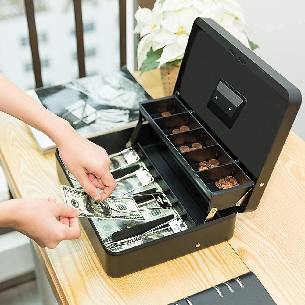 Cash Box With Key Lock & 2 Level Money Tray, Metal Money Box, 4 Note & 5 Coin Slots, Large Size: 30 * 24 * 9cm, Colour - Black, Special Feature - Portable