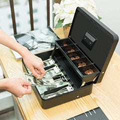 Large Cash Box With Money Tray & Lock, Metal Money Box Safe, Cash Register, 5 Compartments Cantilever Tray & 4 Spring - Loaded Clips For Bills,11.81"X 9.45"X 3.54" Colour - Black
