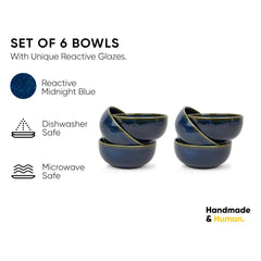 Ceramic Veg Bowls Set Of 6 For Dinner - 180ml Each, Blue Green | Katori Set With Glossy Finish - Porcelain Ceramic Bowls Set | Dessert Bowl Set