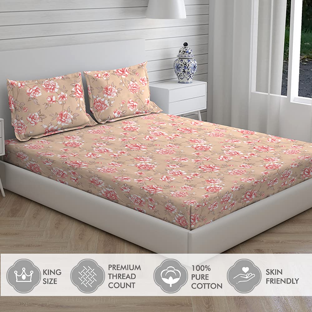 100% Cotton King Size Double Bedsheet Set With 2 Pillow Covers - 107 X 107 Inches, Beige | Good For Villas, Resorts, Guest Houses, & Daily Home Use