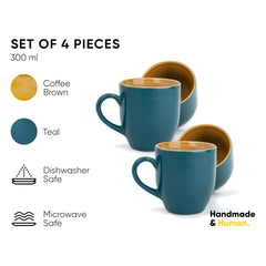 Ceramic Coffee Mug Set Of 4 - 300ml Each, Teal Green | Medium Mug With Glossy Finish - Stoneware Coffee Cup Set | Ceramic Cup - Microwave Safe & Dishwasher Safe