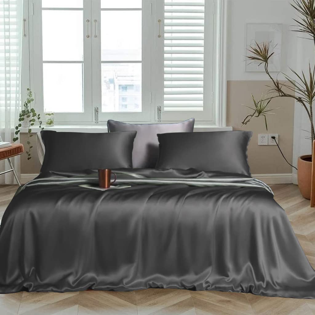 Plain Elastic Fitted King Size Bedsheet With 2 Pillow Cover - 108 X 108 Inches, Charcoal Grey | 400 Thread Count Silky Soft | Naturally Soft, Breathable, & Skin-Friendly