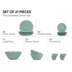 Ceramic Dinner Set Of 21 Pcs, Light Mint | Crockery Set - Dining Sets Crockery Items | 6 Dinner Plates+ 6 Quarter Plates+ 6 Veg Bowls, 200ml Each+ 2 Medium Bowls, 900ml Each+ 1 Large Bowl, 1400ml