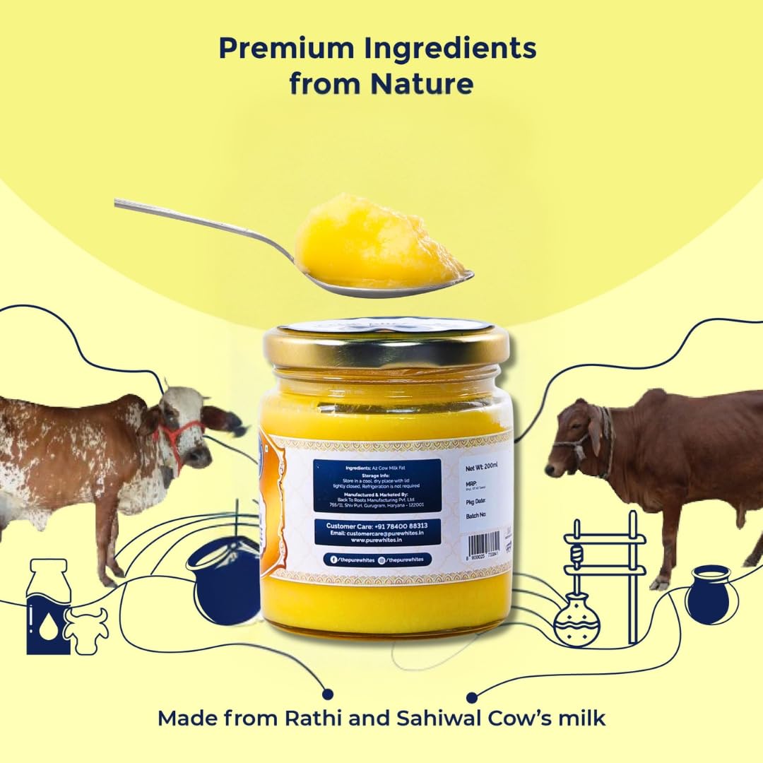 Pure A2 Cow Ghee By Pure Whites | Homemade Organic & Fresh Ghee Prepared Using Traditional Vedic Bilona Method | (200ml) 6.7 Ounce | Jar Pack