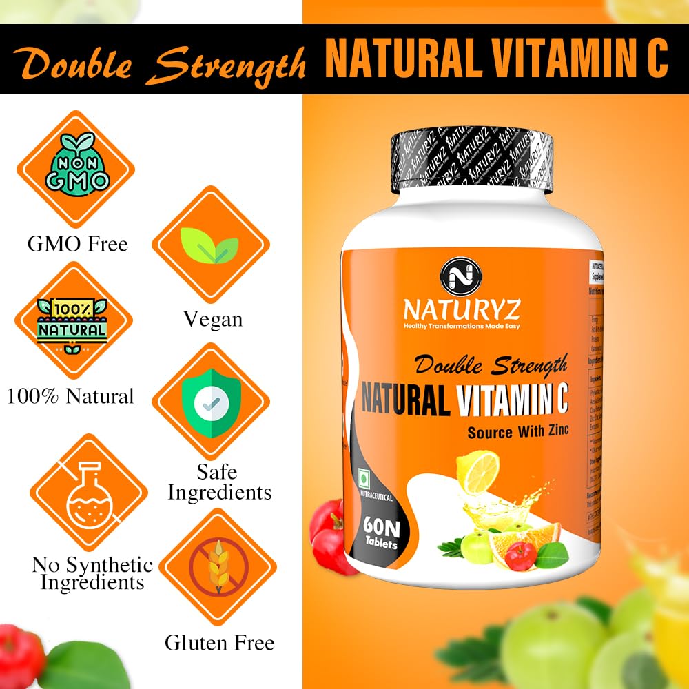 Naturyz Double Strength Natural Vitamin C & Zinc Supplement 1250 Mg With Amla, Acerola Cherry, Citrus Bioflavonoids For Immunity Support & Skincare | 60 Tablets , 100gm 0.2lbs