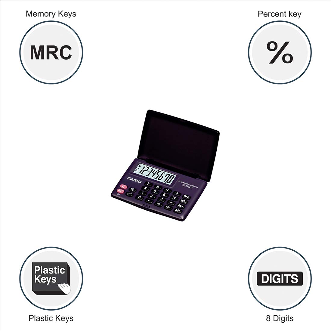 Casio Lc-160lv-bk Portable Calculator With Flap Cover | 8 Digit Display, Dedicated Off Key | 3 Years Warranty Manufacturer