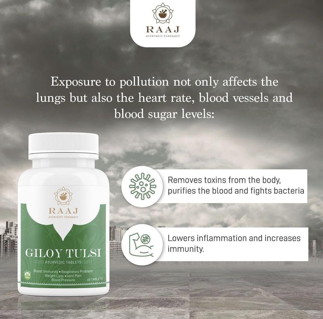 Raaj Ayurvedic Pharmacy Giloy Tulsi Tablets Natural Immunity Booster Ayurved Supplement Enhances Strength & Stamina, Natural Immunity Booster, Purifies Blood | 60 Tablets 100gm Each Pack Of 2