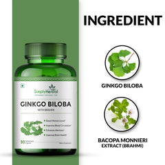 Simply Herbal Ginkgo Biloba 120mg With Bacopa Monnieri Extract Brahmi 380mg For Better Concentration, Improves Blood Circulation, Enhance Alertness, Memory & Learning | 90 Capsules 100gm 0.2lbs