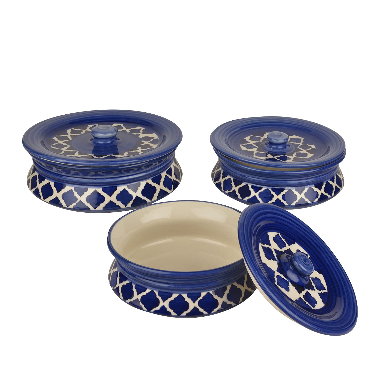 Hand Painted Ceramic Handi With Lid Set Of 3 - Blue & White | Dinner Serving Bowls - Biryani Handis, Serving Pots - 1200ml, 800ml, 600ml