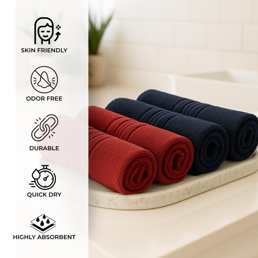 Akiko Home 100% Cotton Essential Series Face Towel 600 Gsm | Soft Absorbent & Durable Washcloth For Men & Women, Compact Travel Towel -Pack Of 4 (Maroon & Navy)