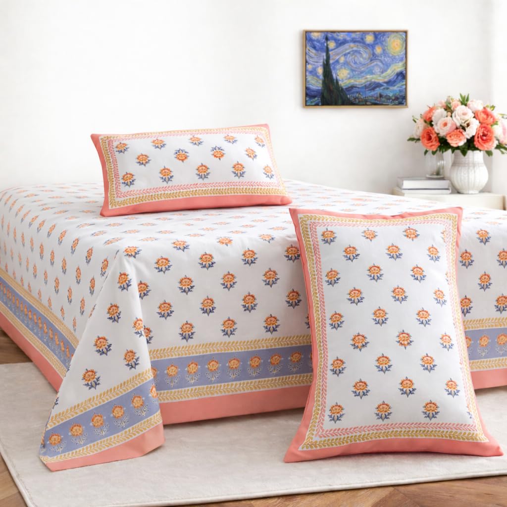 Hand Printed Cotton Bedsheet For King Size With 2 Pillow Covers | 90 X 108 Inches, Pink & White | Ultra-Soft & Skin-Safe | Breathable Summer Comfort