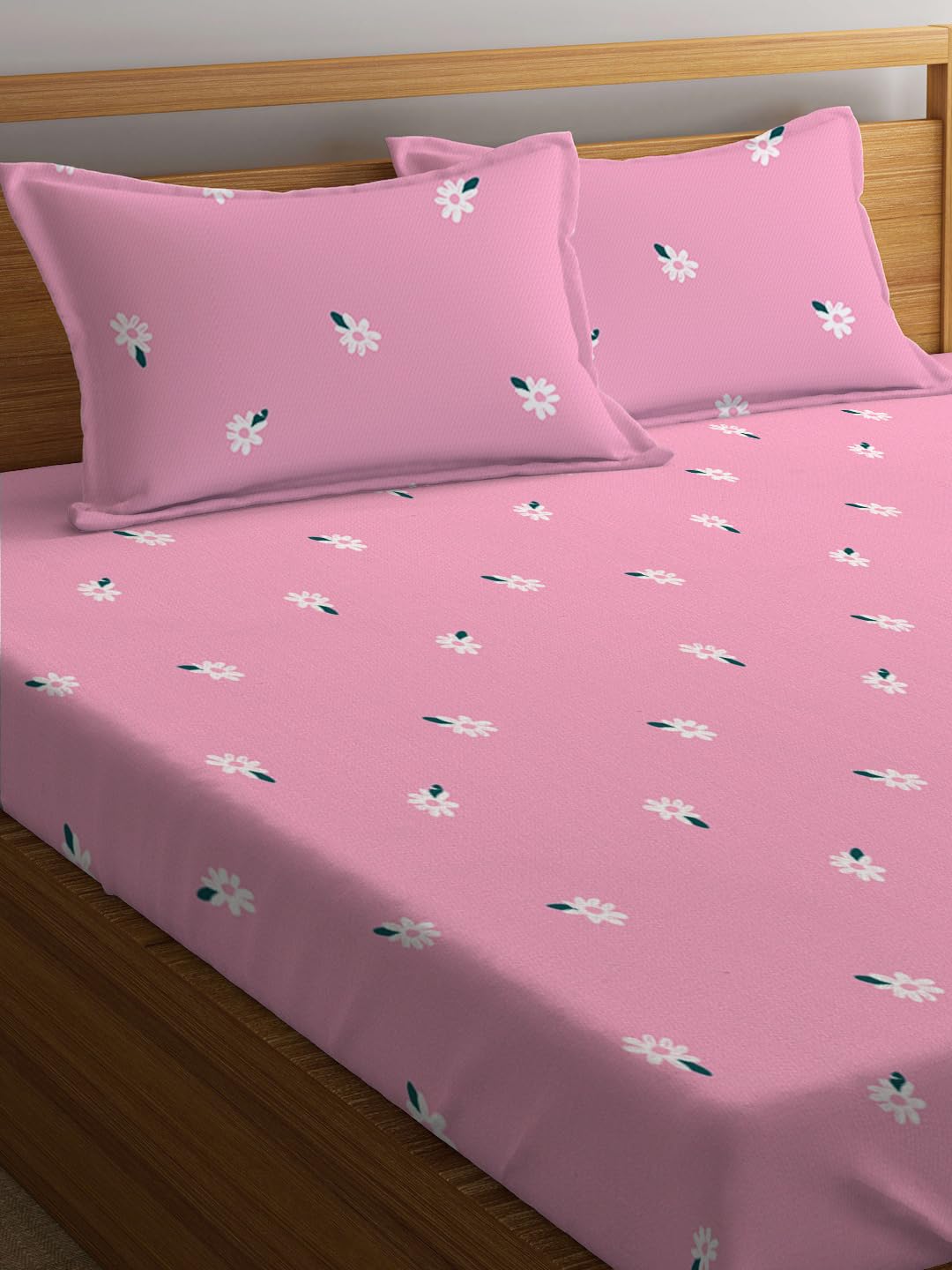 Elastic Fitted Printed Queen Size Double Bed Bedsheet With 2 Pillow Covers | 60 X 78 X 10 Inches, Pink | Super Soft Premium Brushed Glace Cotton Material
