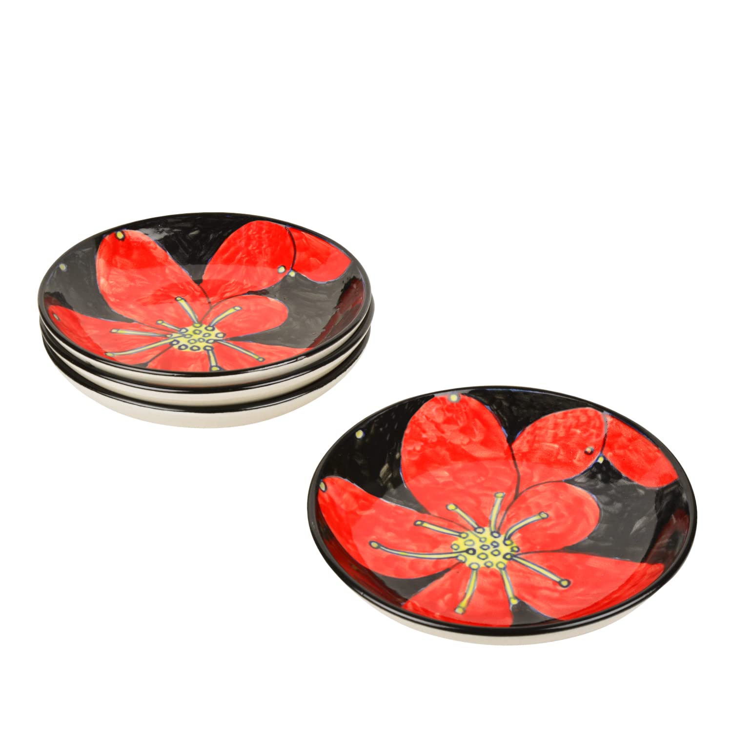 Hand Painted Ceramic Floral Round Pasta Serving Plates Set Of 4 - 8.5 Inches, Red & Black | Soup Plates - Ceramic Maggi Plates