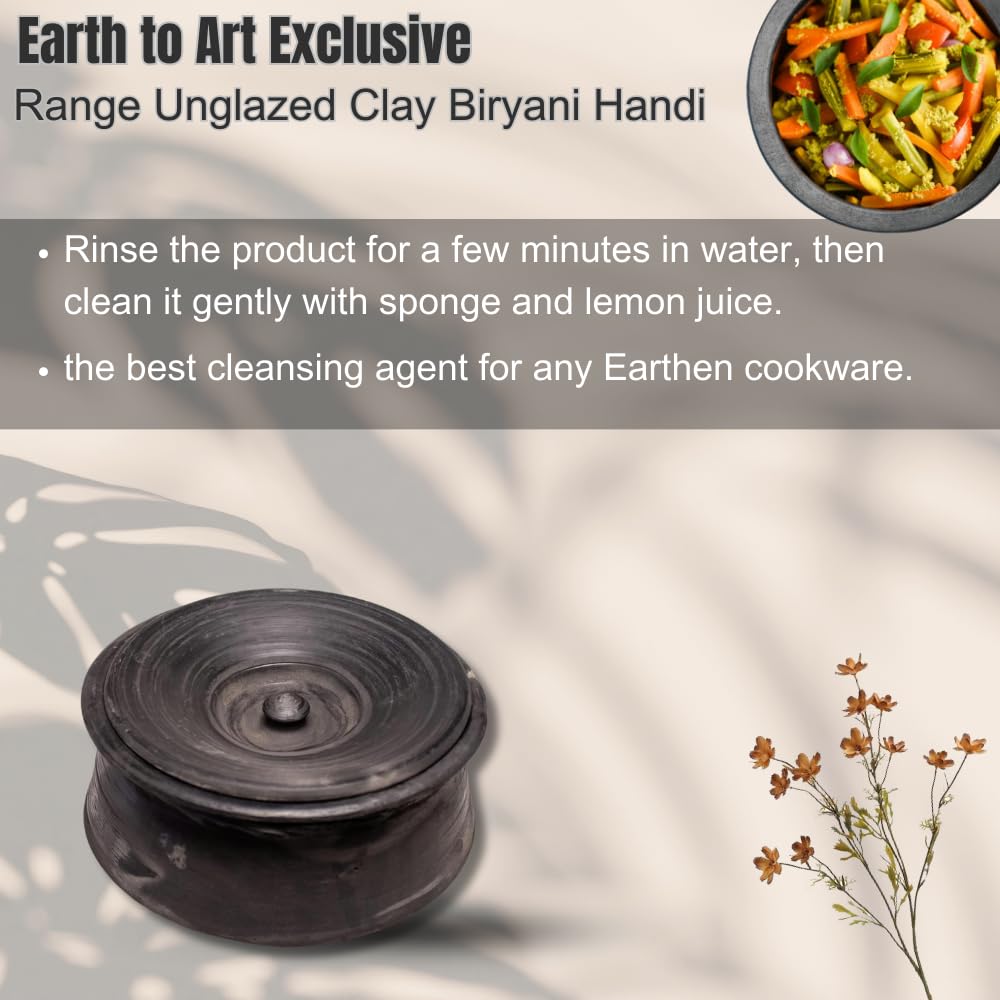 Exclusive Range Unglazed Clay Handi With Lid 3 Liters - Pack Of 2 | Biryani Handi - Earthen Pots With Lid, Black