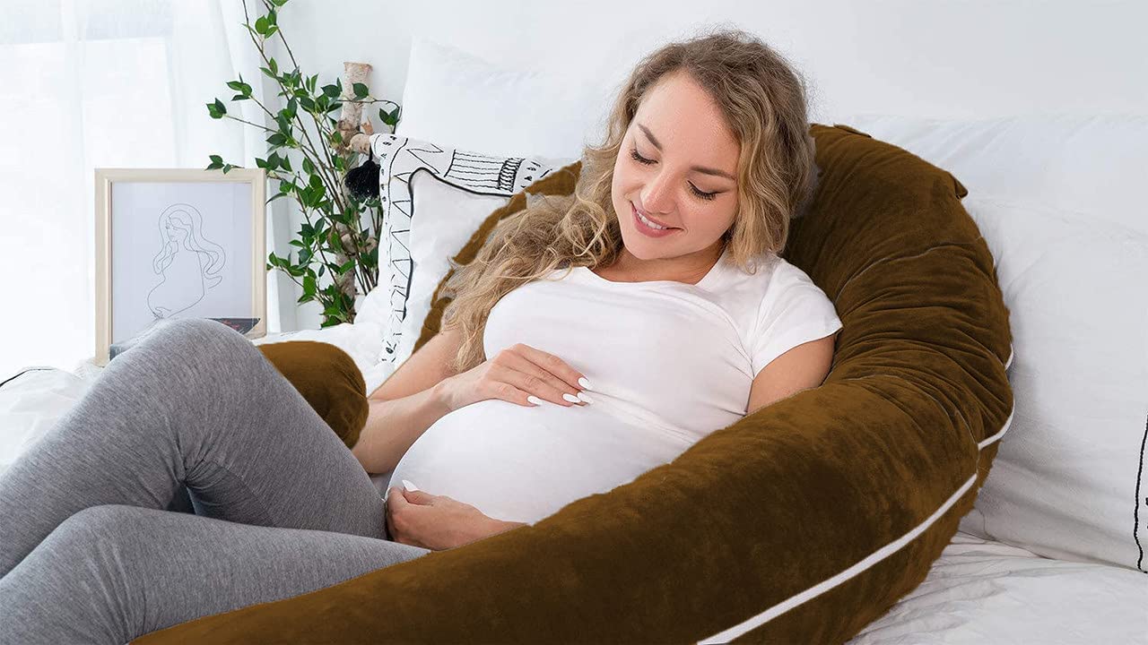 Pregnancy Pillow, Maternity Body Pillow For Sleeping, C Shaped Pillow, Brown - 55 Inch | Full Body Pillow, Pregnancy Pillow For Pregnant Women, Support Belly & Back, Removable Velvet Cover
