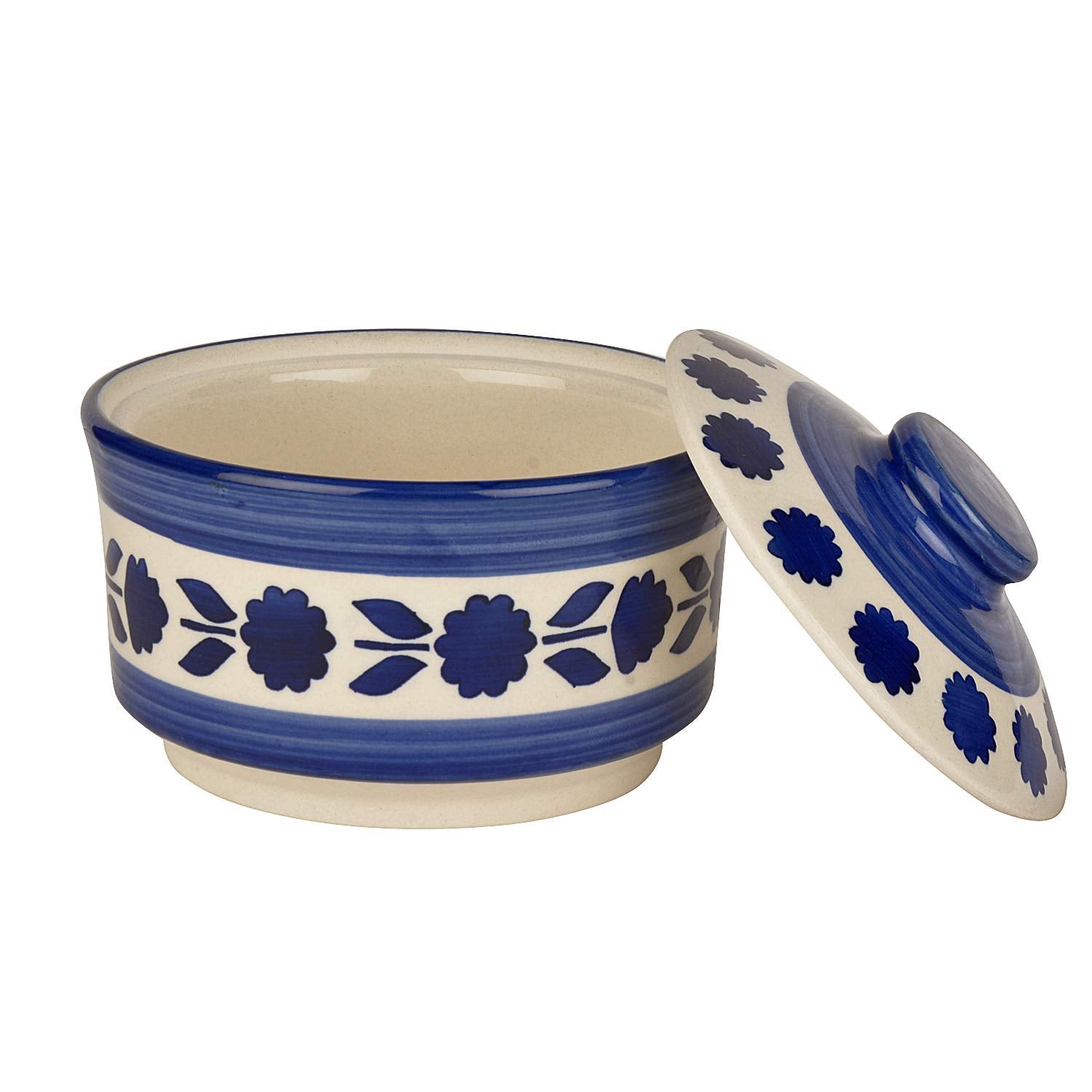 Studio Pottery Hand Painted Ceramic Serving Donga With Lid Casserole Set Of 3 - 900ml, 500ml & 300ml, White & Blue | Dinner Serving Set - Stackable Kitchen Bowl Set