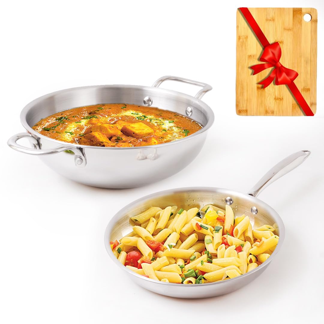 Triply Stainless Steel Cookware Set With Free Chopping Board | Kadai 23.4 Cm, 2.7 Liters + Fry Pan 24 Cm, 1.7 Liters - Induction Friendly, Nonstick 3-Layer Body, 100% Pure & Toxin-Free