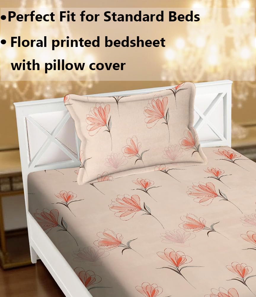 Printed Bedsheet For Single Bed With 1 Pillow Cover - 60 X 90 Inches, Coral Pink | Super Soft - Glace Cotton Breathable & Wrinkle Free - 2 Pcs Set