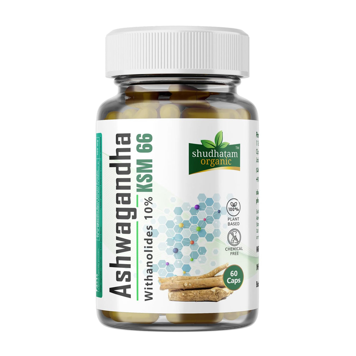 Shudhtam Organic Ashwagandha Ksm 66 Withanolides 10% 500mg, For Stress, Memory & Immunity, Iso Gmp Organic Fda Certified Withania Somnifera | 60 Capsules 100gm 0.2lbs